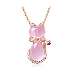 Pendant Necklaces Pink Crystal Cat Necklace For Women Girls Fashion Rose Quartz Opal Chain Shiny Rhinestone Jewelry Sier Drop Delive Dhsb2