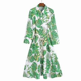 Casual Dresses Women Midi Dress 2023 Clothing Full Sleeve Floral Prints Belt Modern Lady Long Feminino VestidosCasual