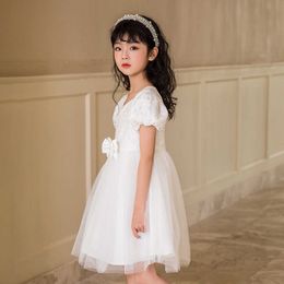 Girl's Girls Summer White Mesh Dress New Children Patchwork Clothing Cute Bow Kids V-neck Princess Dresses #6856