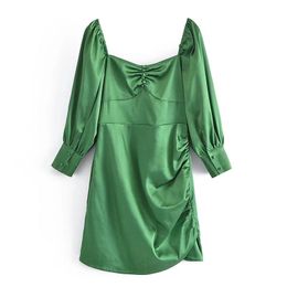 Casual Dresses Woman Elegant Green Square Collar Mini Dress 2023 Autumn Fashion Female Pleated Long Sleeve Ladies Solid