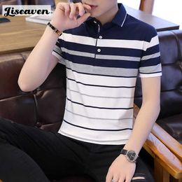 Men's T-Shirts Liseaven 2022 New Summer T-Shirt Men Cotton T Shirt Short Sleeve Striped tshirt Men T-shirts tops tees Turn Down Collar Shirt Y2302