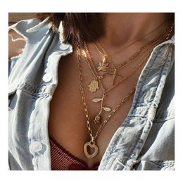 Pendant Necklaces Fashion Jewelry Vintage Heart Rose Leaf Cross Pendent Necklace Mti Layer Drop Delivery Pendants Dhxl4