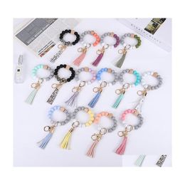 Party Favour 14 Colours Bracelet Keychain Wristlet Sile Bead Key Ring For Women Beaded Bangle Elastic Portable Car Keyrings Chains Gir Ot5Wr