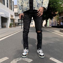 Men's Jeans Design High Street Fashion Men Knee With Hole Black Ink Slim Fit Ripped Hip Hop Casual Denim Pants