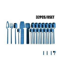 Dinnerware Sets 32Pcs Matte Colorf Cutlery Set Portable Knife Fork Spoon Kitchen Tableware 304 Stainless Steel Flatware Drop Deliver Dhptd