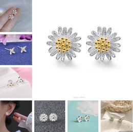 925 silver plated Color-separating Stud earrings Flower 8 style cherry blossoms Chrysanthemum Lotus Plum blossom