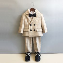 Suits Child Formal British Plaid Dress Suits Set Spring And Autumn Boys Birthday Party Wedding Piano Show Costume Kids Blazer Pants 230131
