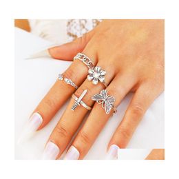 Band Rings Fashion Jewelry Knuckle Ring Set Sier Butterfly Flower Chain Pattern Snake Sword Stacking Midi Sets 5Pcs/Set Drop Delivery Dh3Pq