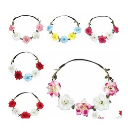 Decorative Flowers Wreaths Wholesale Women Rose Headband Wreath Hair Bows Handmade Artificial Seaside Flower Elastic Wedding Dh108 Dhb6G