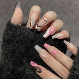 False Nails 24Pcs Y2k Press On Long Coffin Tai Design Wearable Full Cover French Ballet Fake Black Pink Patch