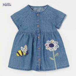 Girl's Dresses Little maven 2023 Summer Denim Dress with Flower and Bees Lovely Cotton Causal Clothes for Kids Toddler 2 to 7 years 0131