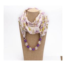 Scarves Ethnic Style Print Scarf Acrylic Beads Necklace For Women Soft Chiffon Neckerchief Autumn And Winter Jewellery Bohemian Drop D Ot24K