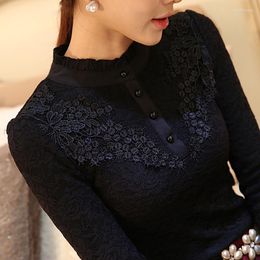 Women's Blouses Spring Autumn Women Lace Embroidery Hollow Out Blouse Feminine Black Primer Long Sleeves Shirt 3XL Tops