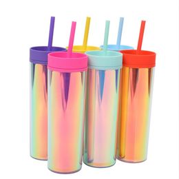 16oz holographic Acrylic skinny tumblers Coloured Acrylic Tumblers with Lids and Straws Double Wall Plastic Tumblers Vinyl Customizable DIY Gifts drinking cup