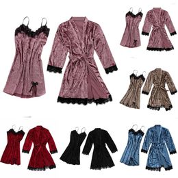 Women's Sleepwear Robe Sets Women Plus Size Casual Solid Colour Golden Velvet Comfy Nighdress 2-Piece Set Lace Pyjamas Homewear Sexy