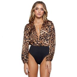 Women's Jumpsuits Rompers Sexy V Neck Female Slim Playsuit Fashion Bodysuits Long Sleeve Autumn Leopard Bodysuit Women 230131
