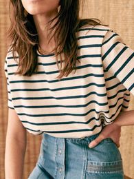 Women's T Shirts Women O-Neck Shoulder Fold Striped Shirt 2023 Summer Ladies All-Match Short Sleeve French Pullover Tee Tops