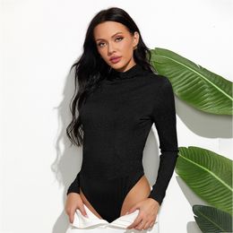 Women's Jumpsuits Rompers Bright Silk Black Bodysuit Casual Half Turtleneck Long Sleeve Autumn Winter Bodycon Bottoming Playsuits 230131