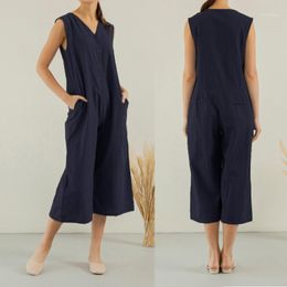 Women's Jumpsuits & Rompers Celmia Vintage Wide Leg Pants 2023 Summer Women Sleeveless Loose Overalls Buttons Down Romper Solid Plus Size Tr