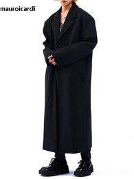 Men's Wool Blends Mauroicardi Autumn Winter Long Oversized Black Woollen Trench Coat Men Shoulder Pads Single Breasted Luxury Overcoat 230201