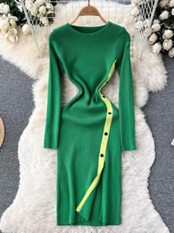 Casual Dresses 2023 Women Button Contrast Trim Elegant Knitted Dress Round Neck Long Sleeve Midi Front Slit Sexy Bodycon