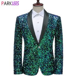 Abiti da uomo Blazer Verde brillante Paillettes Bling Glitter Uomo Collo a scialle One Button Tuxedo Costumi di scena per feste di matrimonio 230131