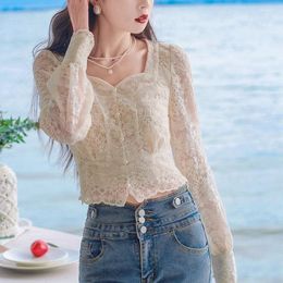 Women's Blouses 2023 Spring Fall Women Vintage Lantern Full Sleeve Beige Lace Top Blouse Woman Clothes Pears Button Tops Shirt