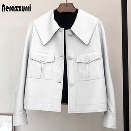 Womens Leather Faux Nerazzurri Spring short light white leather jacket for women peter pan collar long sleeve Casual jackets 230131