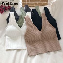 Women's Tanks Camis Pearl Diary Bra Tops Summer V Neck Rib Crop Tank Top With Detachable Bra Pads Sleevelss Solid Colour Backless Sporty Bra Top Y2302