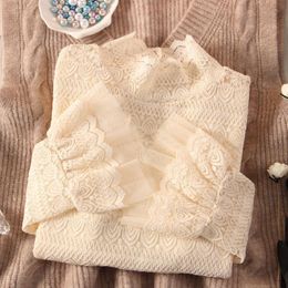 Womens TShirt Woman Tshirts Womens Turtleneck Lace Mesh Autumn Winter Coat Tops Mujer Camisetas 230131