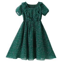 Girl's Floral Elegant Dark Green Teen Girls Dress Summer Ruched Cute Mid Long Kids Dresses Chiffon Children Clothing #6301 0131