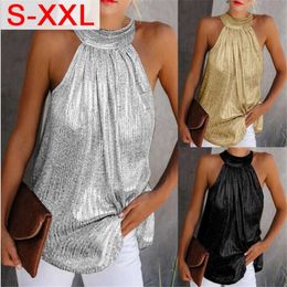 Women's Tanks Camis Womens Fashion Shiny Halter Neck Tank Tops Vest Ladies Summer Casual Solid Colour Sleeveless T shirt Blouse Black Gold Silver Y2302