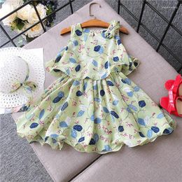 Girl Dresses Kids Baby Girls Summer Off Shoulder Print Flower Knee-length Dress Straw Hat BowToddler Chidlren Fashion Clothes Sets 2pcs 2-7Y