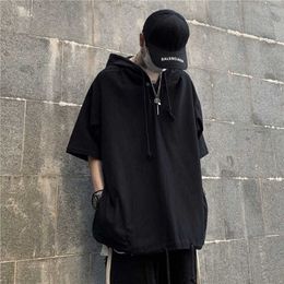 Men's T-Shirts Streetwear Fashion Men Hooded T-shirt Harajuku Casual T-shirts Short Sleeve Summer Thin Solid Black Tee with Hood and Pockets Y2302