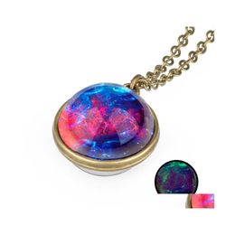 Pendant Necklaces Space Universe Glow In The Dark Necklace Sky Glass Ball Engraved Letter With Single Heart Titanium Women Girls Jew Dhg3C