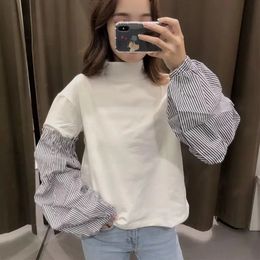 Women's Jackets Spring And Autumn White Crew Neck Striped Printed Stitching Design Longsleeved Hoodie Casual Sports Style 230131