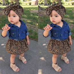 Girl's Dresses 3PC Toddler Infantil Baby Girls Dress Fashion denim shirt Leopard skirt headband Kids Clothes set 0131