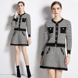 Work Dresses Beautiful Autumn Winter 2pcs Sets Women Black White Plaid Knitting O-Neck Sweater Cardigan Tall Waist Mini Skirt Suits Outfits