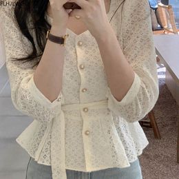 Women's TShirt Hollow Out Crochet Lace Chic Short Crop Tops Cute Lolita Sweet Girls Peplum LaceUp Bow Tie Blouse Single Breasted Button Shirt 230131