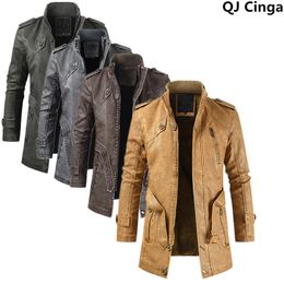 Mens Leather Faux Winter Thick Fleece Jacket Coat Long Outwear Fashion Warm Casual Vintage Clothing for Men Steampunk Biker Jaqueta 230131