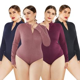 Women's Jumpsuits Rompers Plus Size Women 5XL Stand Collar Long Sleeve Zipper Knitted Sweater Bodysuits Autumn Winter Solid Casual Office 230131