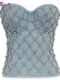 Women's Tanks Camis Sexy halter Denim Rhinestone corset crop top women corset tube top woman built in bra sequins off shoulder sleeveless jeans tee Y2302