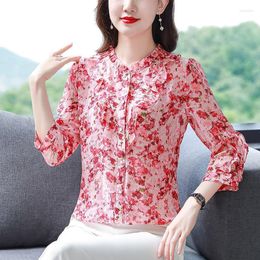 Women's T Shirts Floral Chiffon Bottoming Shirt Girl Spring Summer Three Quarter Sleeve Flounces Sweet Blusas Blouse M-5XL Top