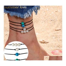 Anklets Handmade Turquoise Stone Bead Anklet Pearl Wax Bracelet Black String Rope Bracelets For Men Women Summer Beach Jewelry Gifts Otxko