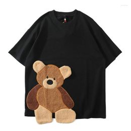 Men's T Shirts Oversized Embroidery Bear Tshirts Men Hip Hop Colour Block Patchwork Tees Harajuku Streetwear Short Sleeve T-Shirt