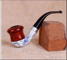 Portable and Detachable Cleaning Filter Bent Pipe with A New Type of Blue and White Porcelain Red Wood Pipe