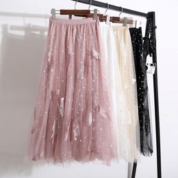 Skirts 2023 Summer 3 Layers Mesh Long Women High Waist Embroidery Feather Polka Dot Elegant Office Ladies A-Line Pleated Skirt