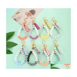 Party Favour Wooden Tassel Bead String Bracelet Keychain Sile Beads Bracelets Women Girl Keyring Wrist Strap Key Ring Chain Beaded Wr Ot3Z6