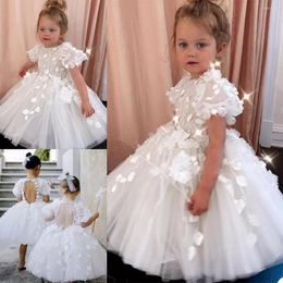 Girl Dresses White Toddler Kids Appliques Tea Length Crystal Flower A Line Short Illusion Sleeves Skirt