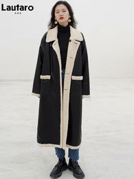 Womens Leather Faux Lautaro Winter Long Warm Thick Reversible Sheepskin Coat Women Pockets Double Breasted Luxury Designer European Fashion 230131